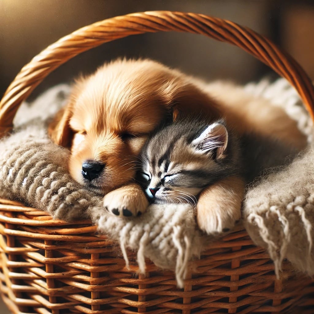 Puppy and kitten snuggling in a basket